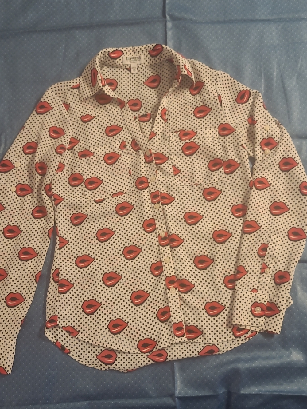 Express White Button-Down Shirt with Red Lip Print and Black Polka Dots